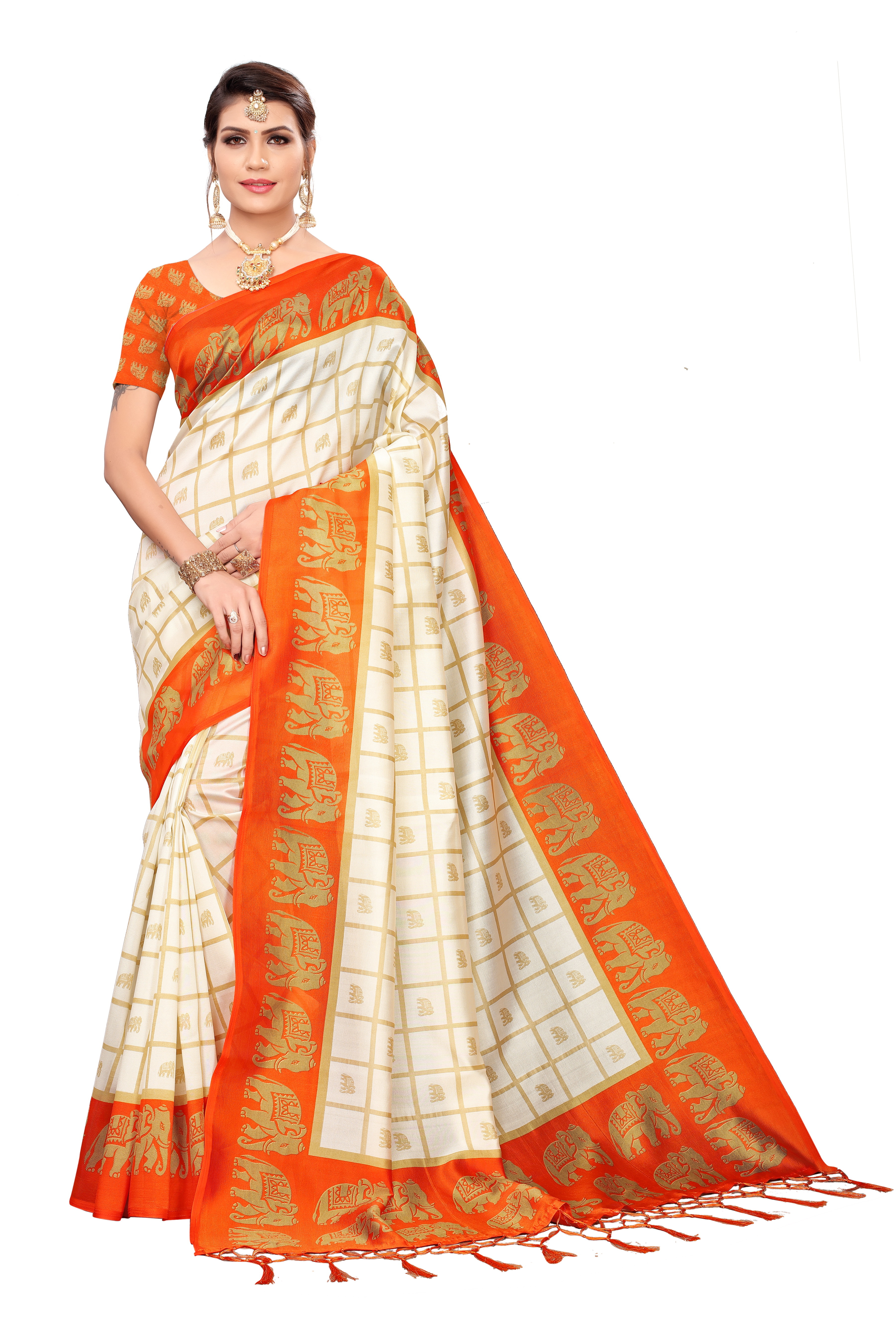 New Checks & Elephant Print Design Jhalar Style In Kalamkari Saree - Cotton Silk, 6.3 Meter Length With Blouse Piece, Multicolor | Patterned For All Seasons