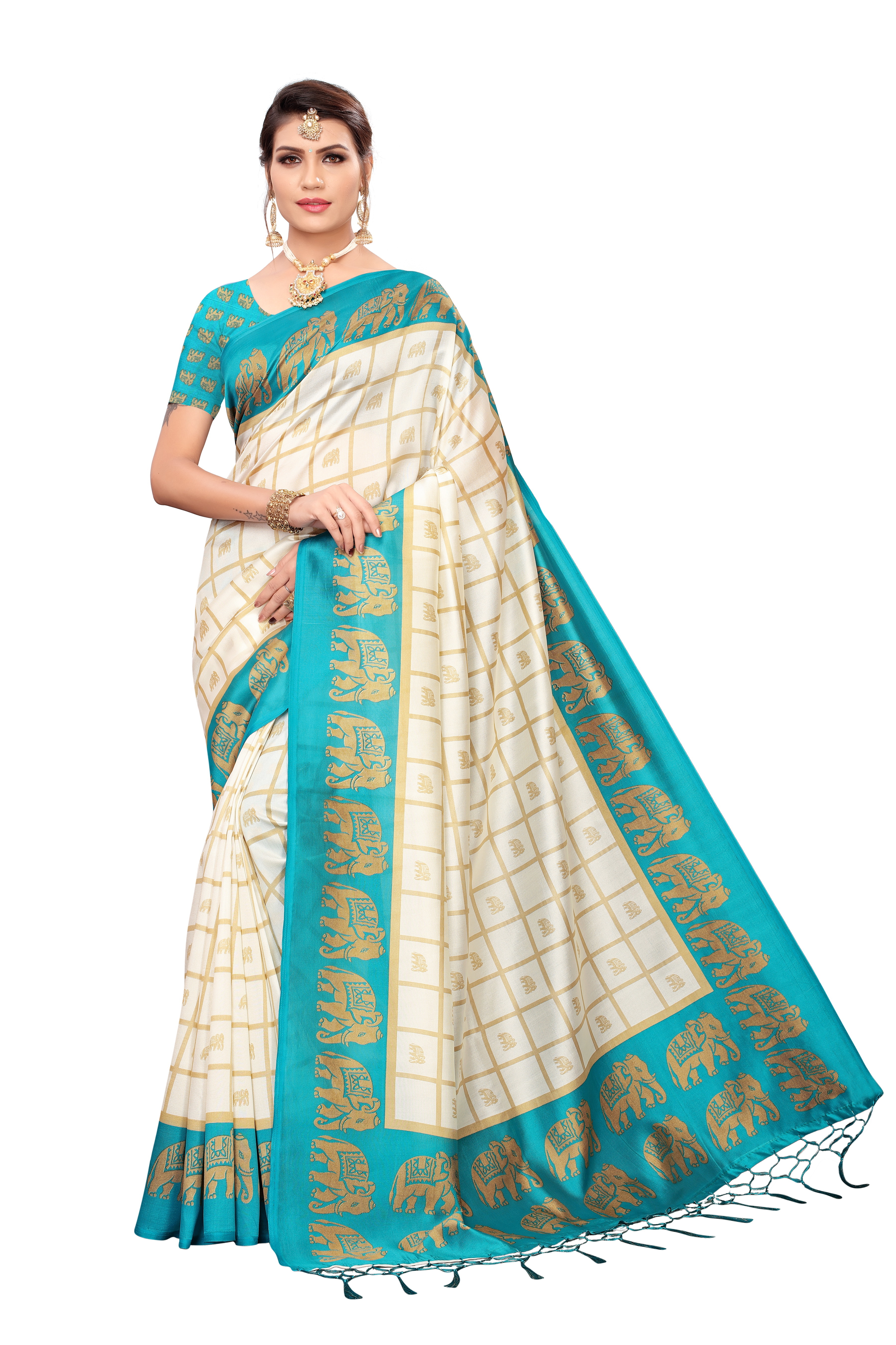 New Checks & Elephant Print Design Jhalar Style In Kalamkari Saree - Cotton Silk, 6.3 Meter Length With Blouse Piece, Multicolor | Patterned For All Seasons