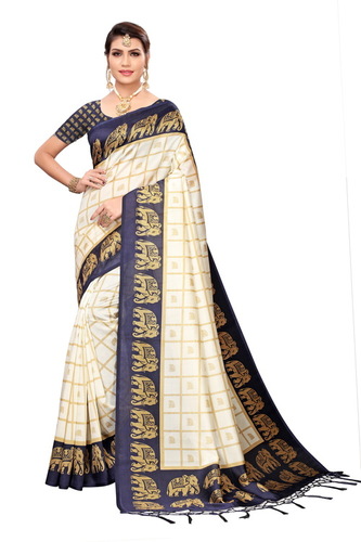 New Checks & Elephant Print Design Jhalar Style in Kalamkari Saree - Cotton Silk, 6.3 Meter with Blouse Piece, Multicolor, Printed Pattern, Banarsi Style