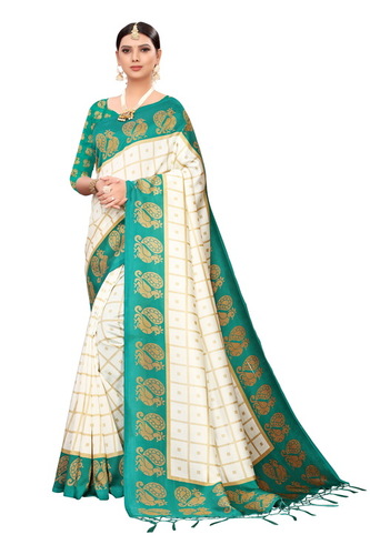 New Checks & Peacock Printed Jhalar Style Kalamkari Silk Saree - Multicolor, 6.3 Meter Length With Blouse Piece | Cotton Silk Fabric, Printed Pattern, Banarsi Style, Suitable For All Seasons