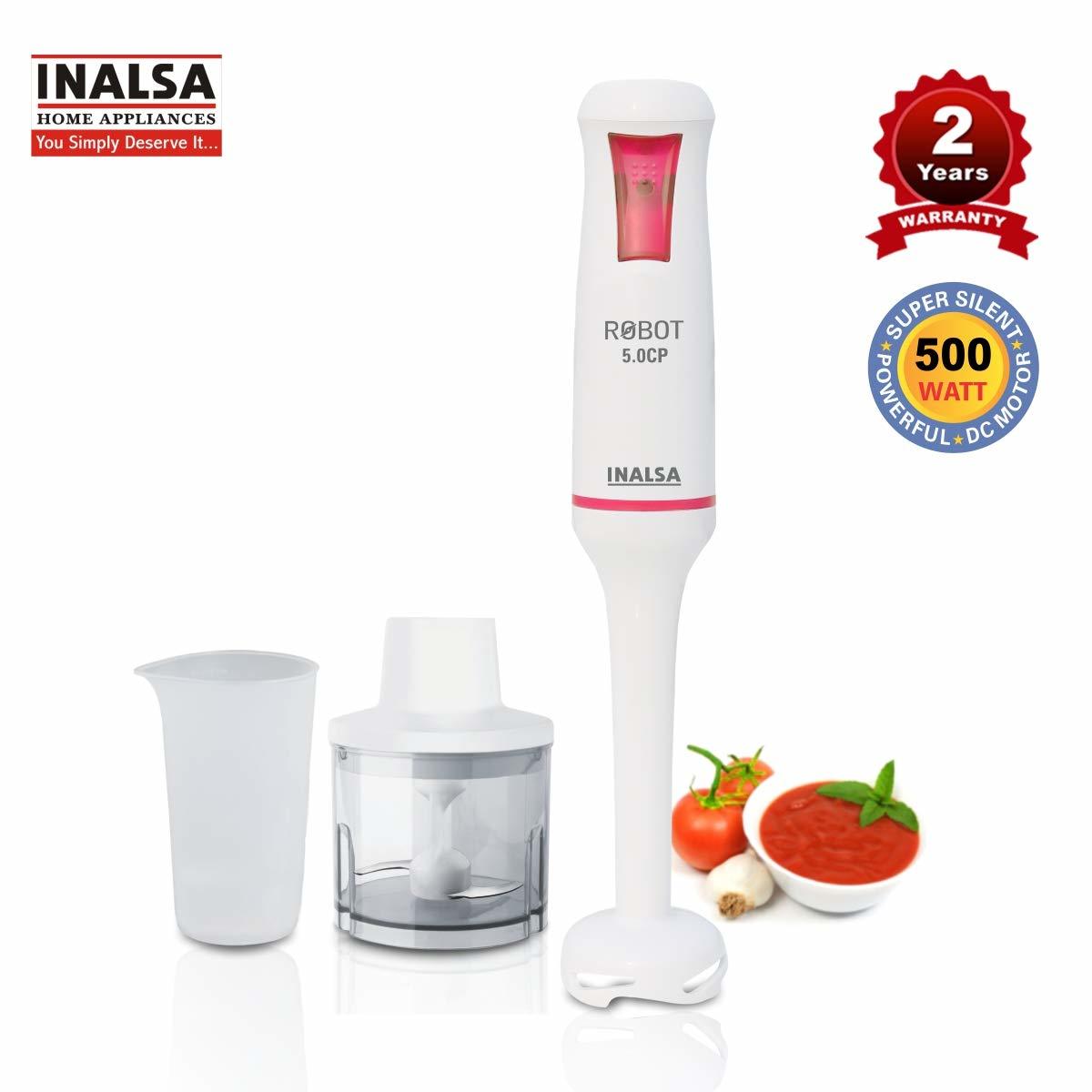 Inalsa Hand Blender Robot 5.0 Cp 500-watt Heavy Duty | 2 In 1 Hand Blender/chopper | 2 Year Warranty| Low Noise Dc Motor| 700 Ml Multipurpose Break Resistant Measuring Cup