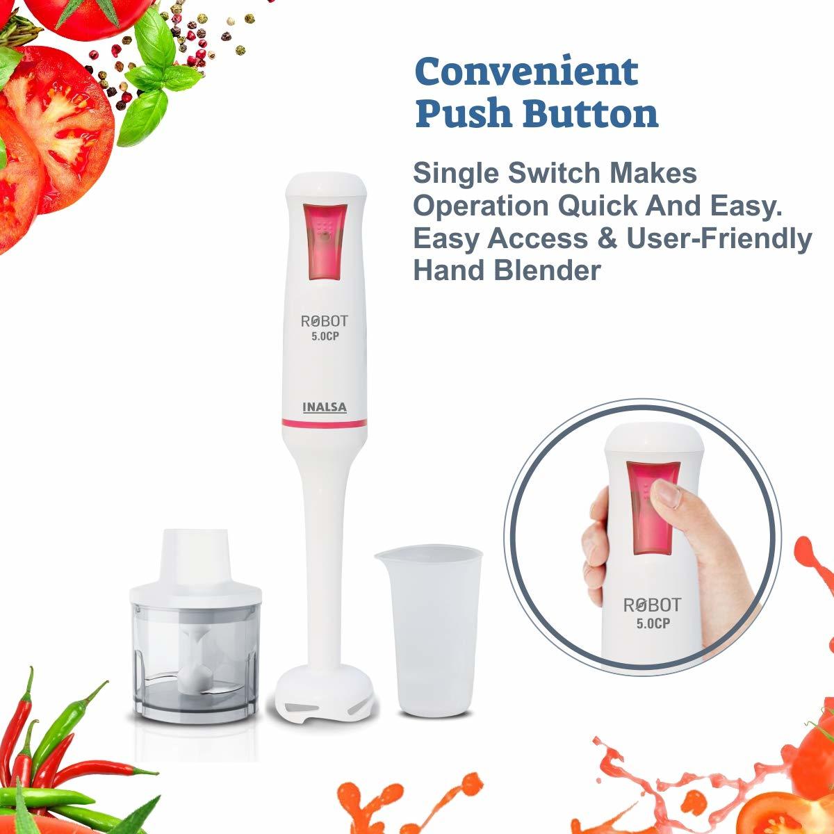 Inalsa Hand Blender Robot 5.0 Cp 500-watt Heavy Duty | 2 In 1 Hand Blender/chopper | 2 Year Warranty| Low Noise Dc Motor| 700 Ml Multipurpose Break Resistant Measuring Cup