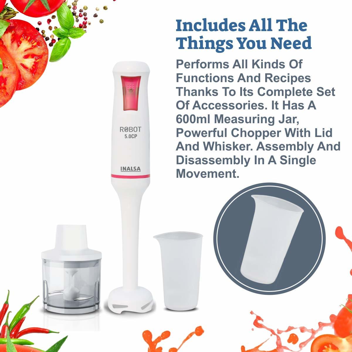 Inalsa Hand Blender Robot 5.0 Cp 500-watt Heavy Duty | 2 In 1 Hand Blender/chopper | 2 Year Warranty| Low Noise Dc Motor| 700 Ml Multipurpose Break Resistant Measuring Cup