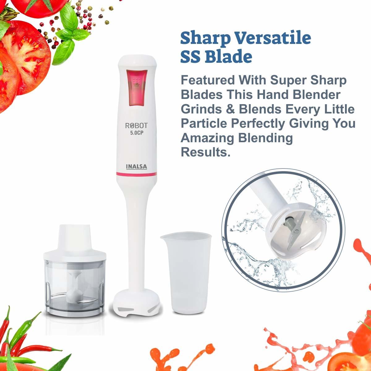 Inalsa Hand Blender Robot 5.0 Cp 500-watt Heavy Duty | 2 In 1 Hand Blender/chopper | 2 Year Warranty| Low Noise Dc Motor| 700 Ml Multipurpose Break Resistant Measuring Cup