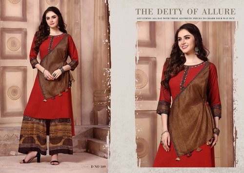 Straight Cut Classy Kurta - Silk Fabric, 50 Inches Length, Multi Color with Digital Print Palazzo Pants, Bead Decoration and Handwork, Trendy Plus Size Ethnic Wear