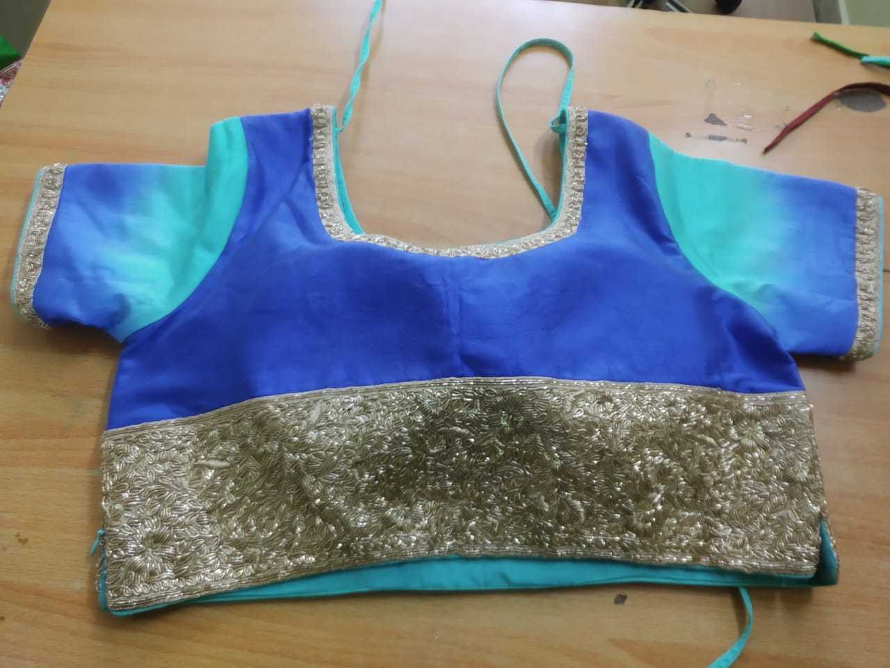 Vc Blouse - Silk Medium Blue, Round Neck | Stylish Design, Comfortable Fit, Sequined Embellishments