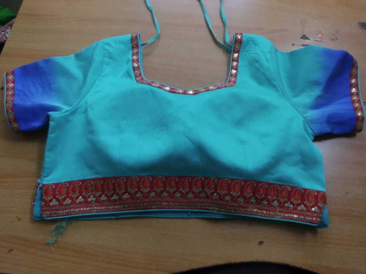 Vc Blouse - Silk Medium Blue, Round Neck | Stylish Design, Comfortable Fit, Sequined Embellishments