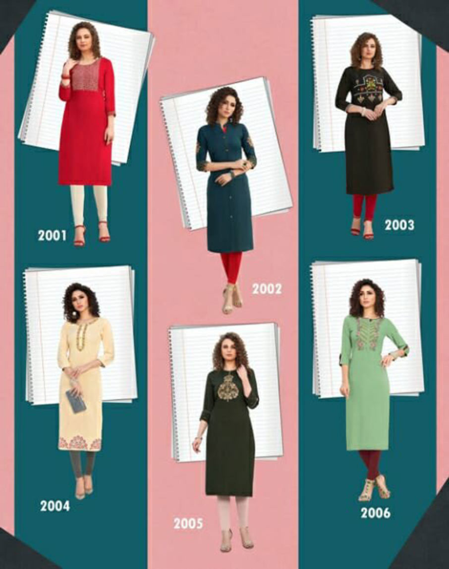 Rayon Embroidery Wholesale Kurti - Heavy Rayon Fabric, S(18)-4xl(25), Length 46 Inch, 12 Pcs Designs | Cool Dry, Quick Dry, Customized Logo, 3-4th Sleeve Style