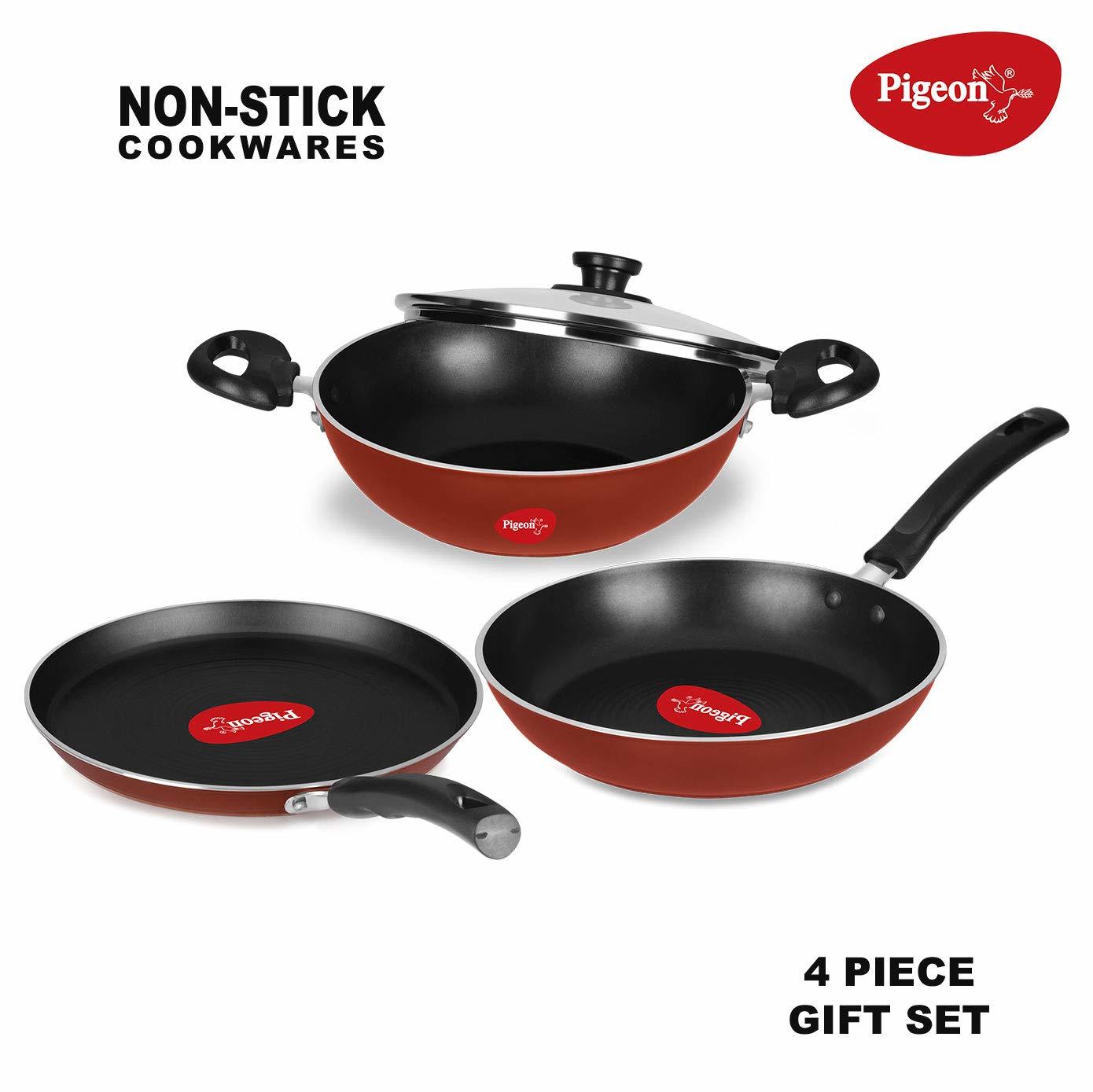 Pigeon By Stovekraft Favourite Induction Base Aluminum Pressure Cooker Outer Lid 5 Litres Silver & Pigeon By Stovekraft Basics Induction Base Non-stick 4 Pc Cookware Set Terracotta Brown Combo