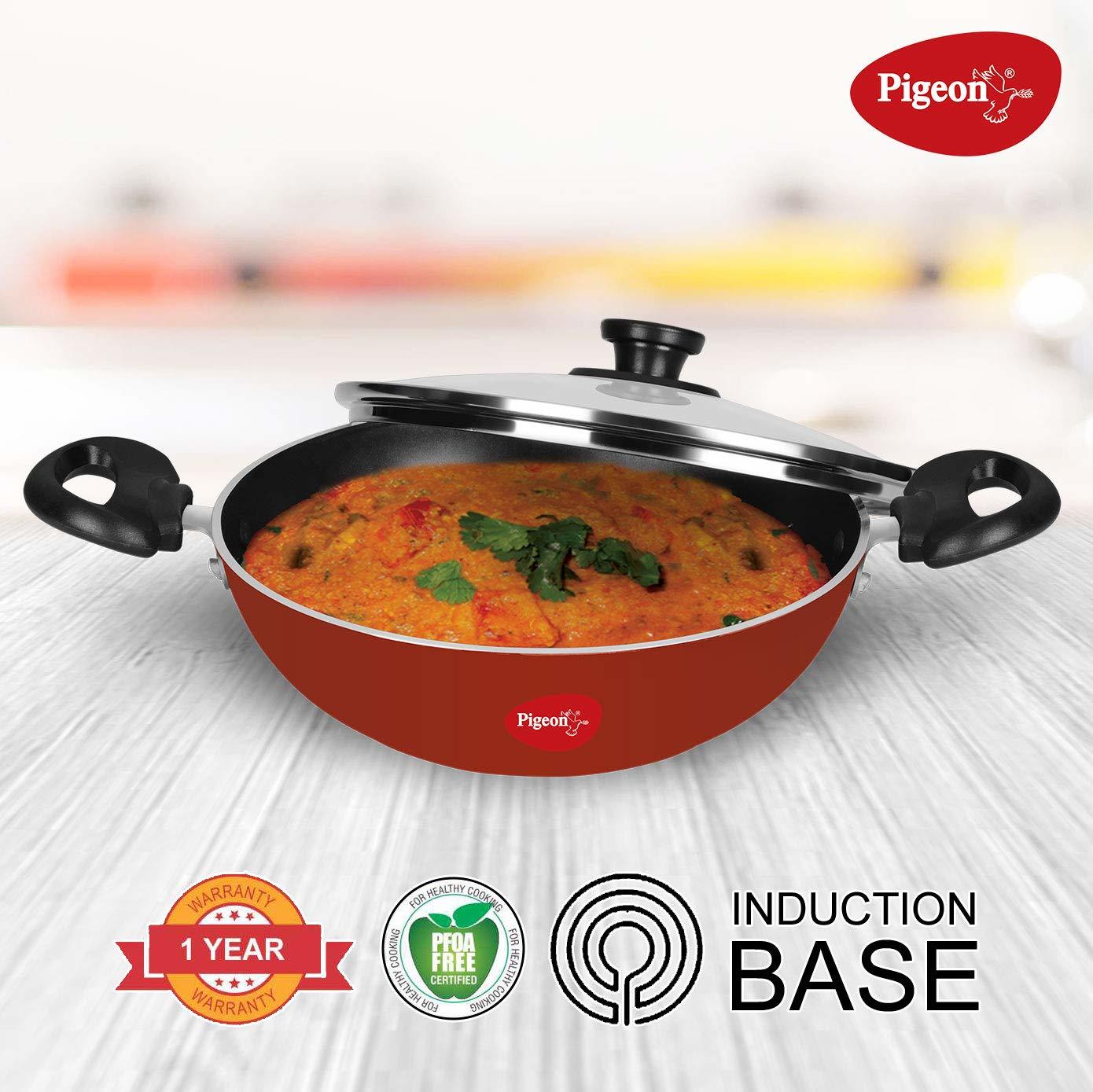 Pigeon By Stovekraft Favourite Induction Base Aluminum Pressure Cooker Outer Lid 5 Litres Silver & Pigeon By Stovekraft Basics Induction Base Non-stick 4 Pc Cookware Set Terracotta Brown Combo