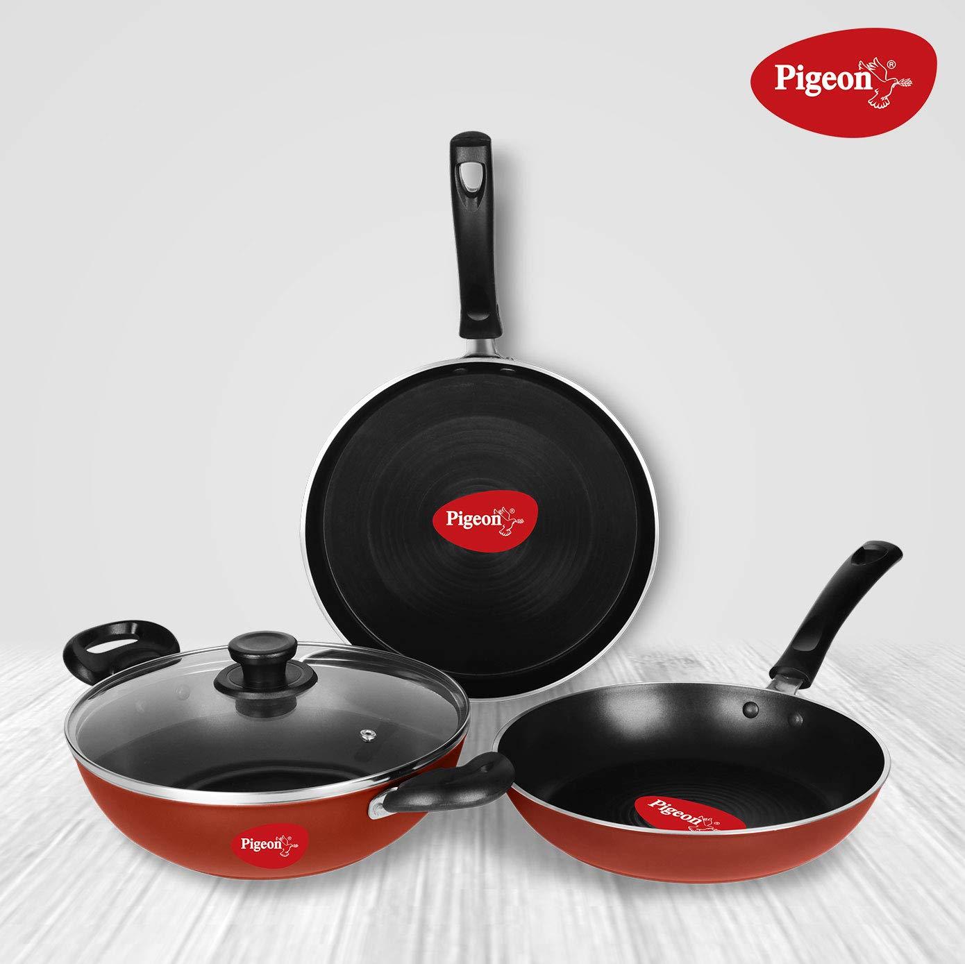 Pigeon By Stovekraft Favourite Induction Base Aluminum Pressure Cooker Outer Lid 5 Litres Silver & Pigeon By Stovekraft Basics Induction Base Non-stick 4 Pc Cookware Set Terracotta Brown Combo