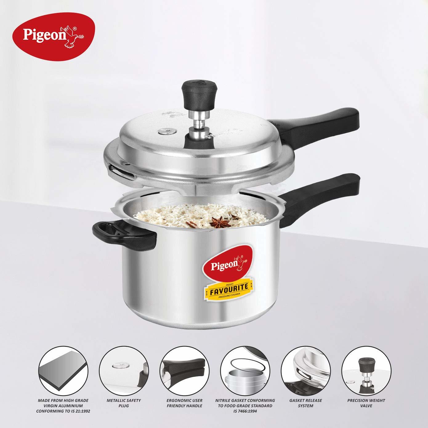 Pigeon By Stovekraft Favourite Induction Base Aluminum Pressure Cooker Outer Lid 5 Litres Silver & Pigeon By Stovekraft Basics Induction Base Non-stick 4 Pc Cookware Set Terracotta Brown Combo