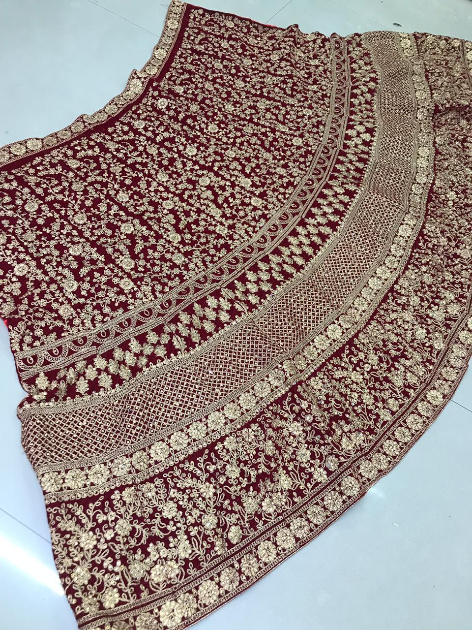 Bridal Embroidered Velvet Lehenga Choli - Premium Velvet, Customized Size 44 Inch | Intricate Embroidery, Short Sleeves, Quick Dry, All Season Wear