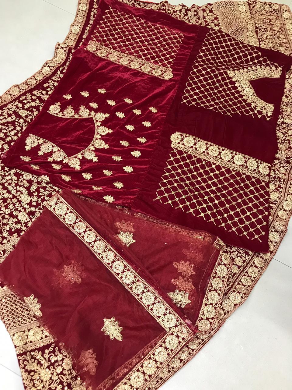 Bridal Embroidered Velvet Lehenga Choli - Premium Velvet, Customized Size 44 Inch | Intricate Embroidery, Short Sleeves, Quick Dry, All Season Wear