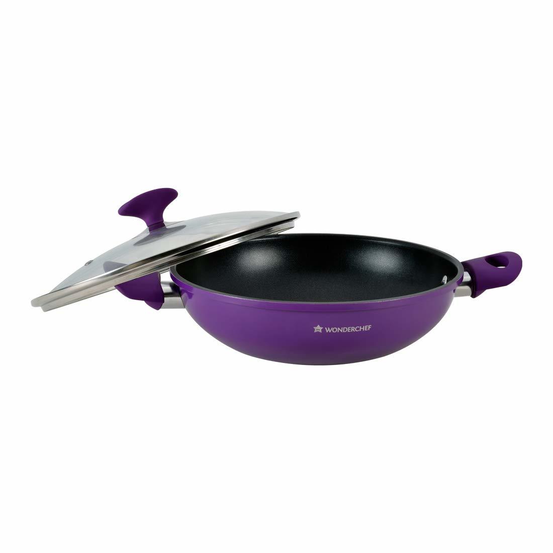 Wonderchef Induction Base Non-stick Aluminum Elite Wok With Lid, 20cm, 2-pieces, Purple And Black
