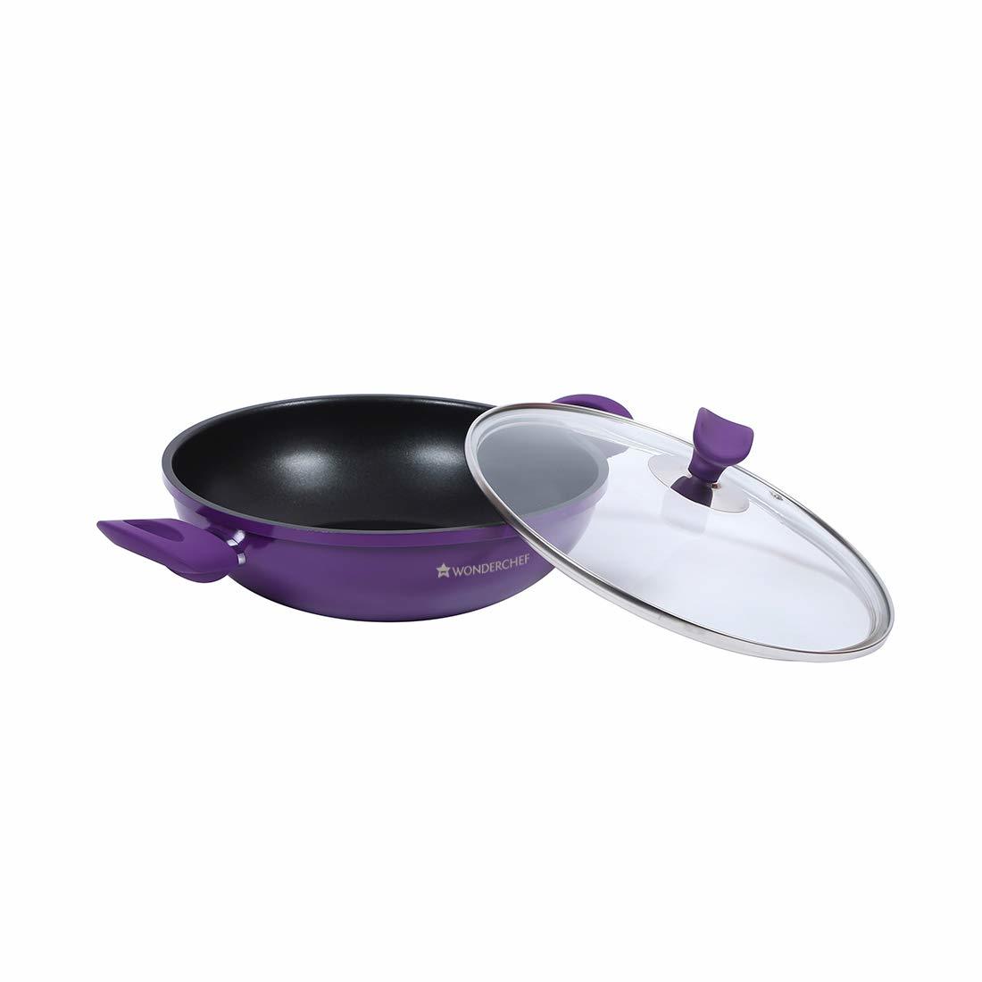 Wonderchef Induction Base Non-stick Aluminum Elite Wok With Lid, 20cm, 2-pieces, Purple And Black