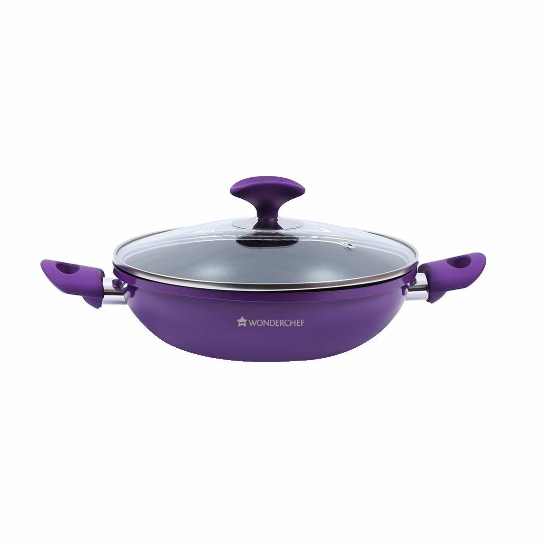 Wonderchef Induction Base Non-stick Aluminum Elite Wok With Lid, 20cm, 2-pieces, Purple And Black