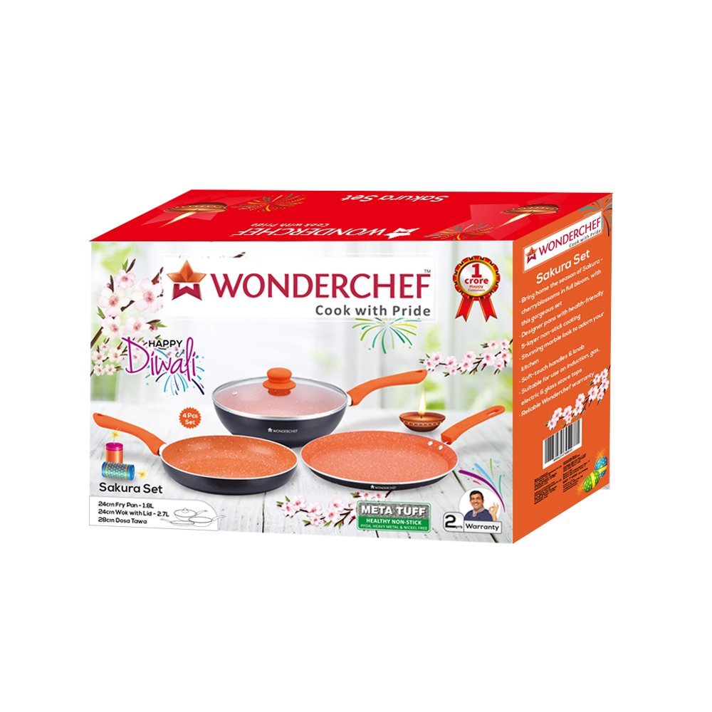 Wonderchef Sakura Aluminium Induction Base Cookware Set, Set Of 3-pieces With Lid, Black/orange