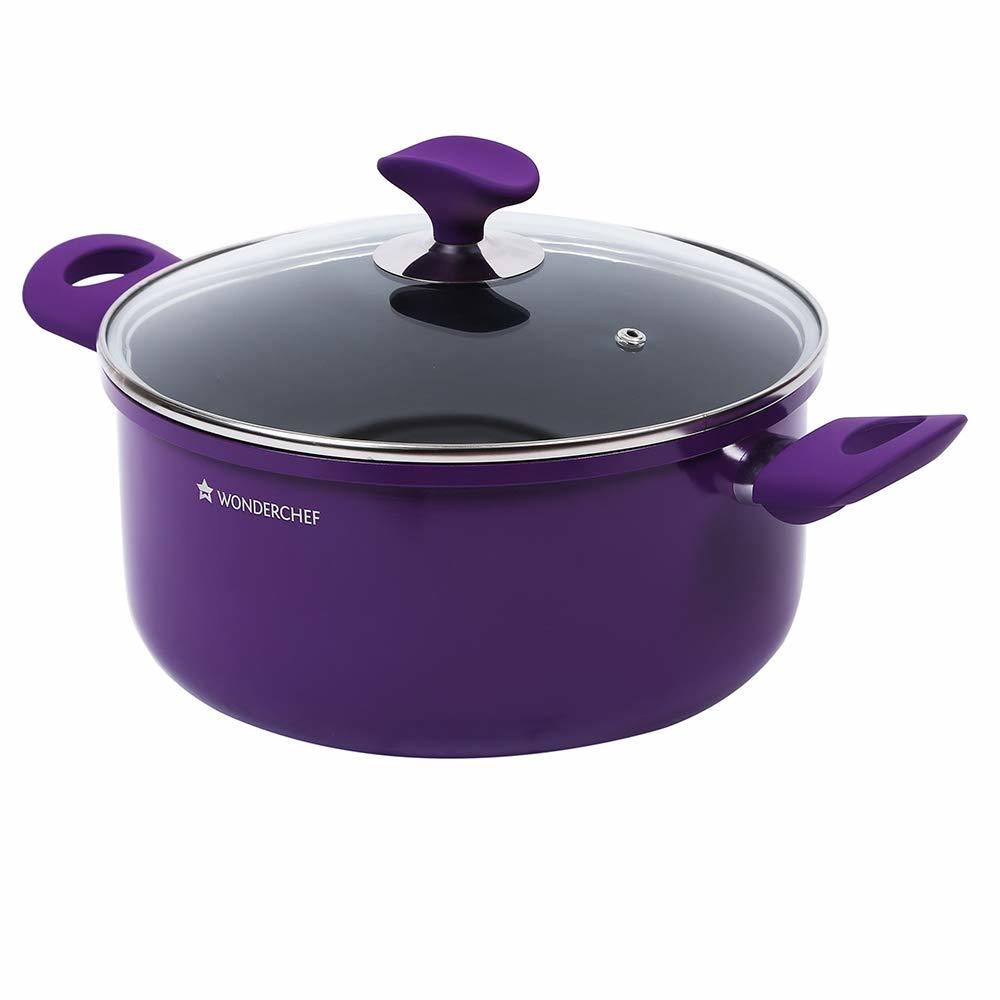 Wonderchef Induction Base Non-stick Aluminum Elite Casserole With Lid, 20cm, 2-pieces, Purple And Black