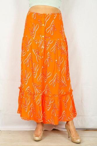 Ladies Long Skirt - Polyester Material, S-XL Size, Orange Color, Maxi Length, Elastic Waist, Button Closure, Machine Washable