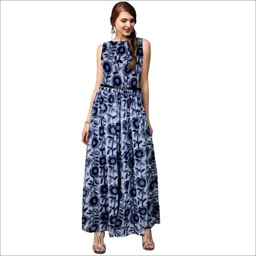 Western Dress - Georgette Fabric, Size M, Length 54-57 Inches, Cape Sleeve, 2.20 mtr Flare, Washable, Modern Style, Printed Pattern