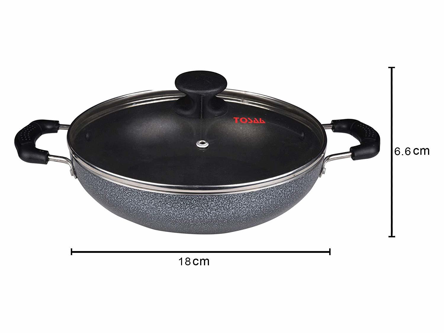 Tosaa Non-stick 2 Litre Kadhai With Glass Lid, 24 Cm (Induction And Gas Compatible), Black