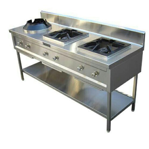 Commercial Three Burner Range - Cast Iron Rectangular Design, LPG Gas Powered | Ideal for Restaurants & Hotels, Stainless Steel Finish