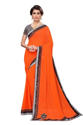 Design Black Beauty Georgette Saree - Material: Georgette, Color: Black, Style: South | Dyed With Moti Patch And Lace Border, Perfect For All Seasons