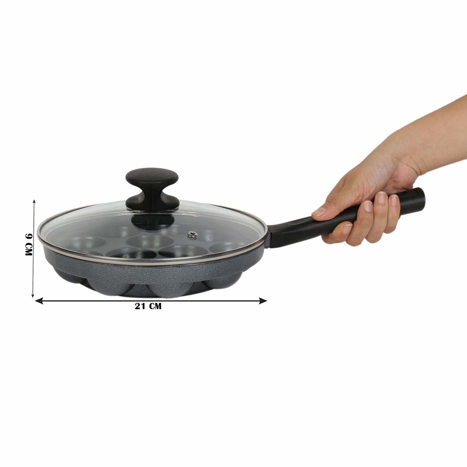 Tosaa Appam Patra 12 Cavity Long Handle With Glass Lid, Multicolor