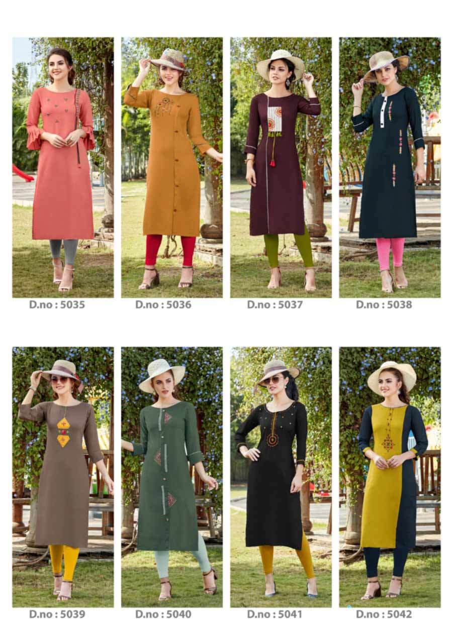 Rayon Kurti - 8 Pcs Set, Sizes M(38) To 3xl(46) | 3-4th Sleeves, Hand Work, Quick Dry & Washable Fabric, Customized Logo