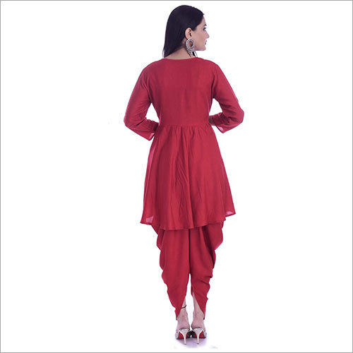 Breathable Ladies Rayon Flared Kurta With Dhoti Set