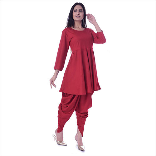 Breathable Ladies Rayon Flared Kurta With Dhoti Set