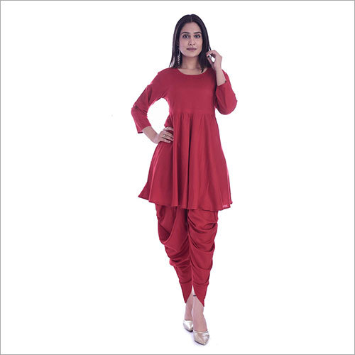 Breathable Ladies Rayon Flared Kurta With Dhoti Set