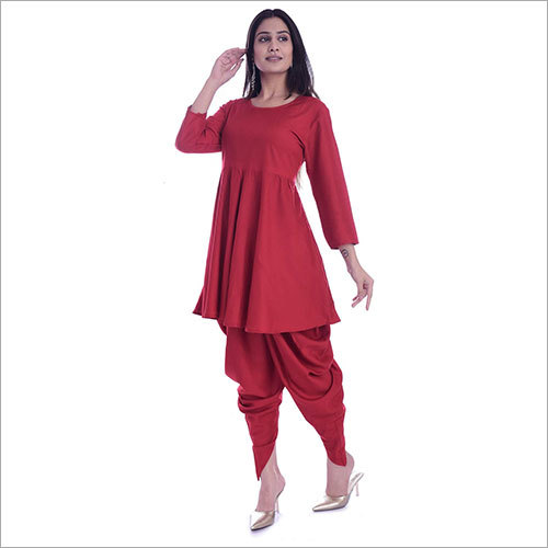 Breathable Ladies Rayon Flared Kurta With Dhoti Set