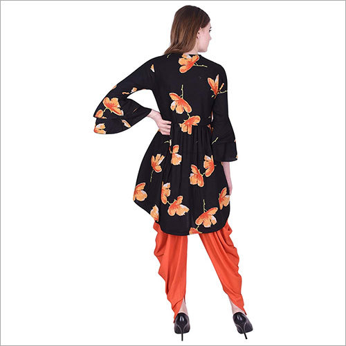 Available In Different Color Ladies Rayon Printed Flared Kurti With Dhoti Set
