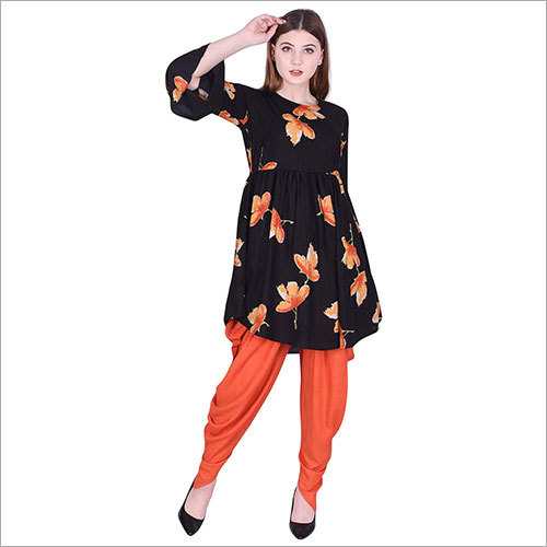 Available In Different Color Ladies Rayon Printed Flared Kurti With Dhoti Set