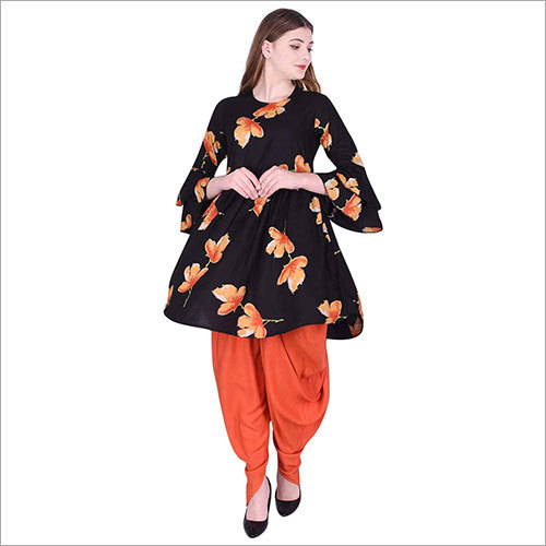 Available In Different Color Ladies Rayon Printed Flared Kurti With Dhoti Set