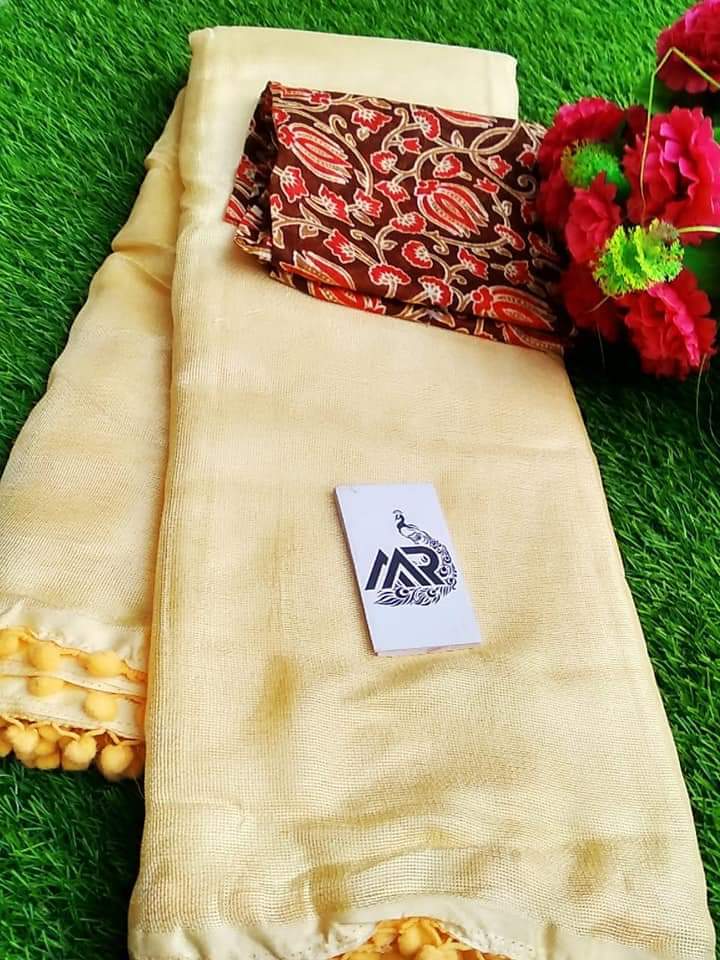 Cotton Saree - Lenun Jute Cotton Fabric With Designer Blouse | Plain Pattern In Yellow Grey Light Orange Light Green Light Chiku Pink Light Blue - Perfect For All Seasons