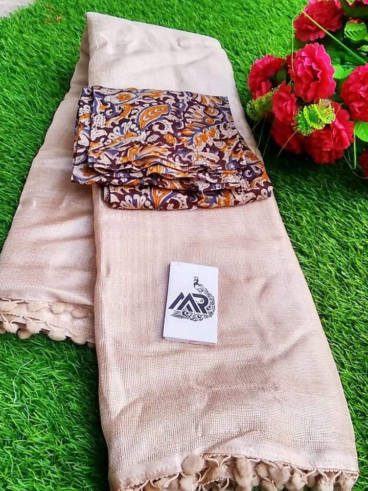 Cotton Saree - Lenun Jute Cotton Fabric With Designer Blouse | Plain Pattern In Yellow Grey Light Orange Light Green Light Chiku Pink Light Blue - Perfect For All Seasons