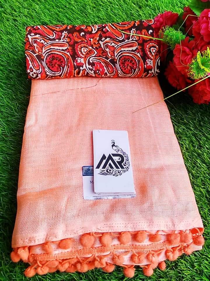 Cotton Saree - Lenun Jute Cotton Fabric With Designer Blouse | Plain Pattern In Yellow Grey Light Orange Light Green Light Chiku Pink Light Blue - Perfect For All Seasons