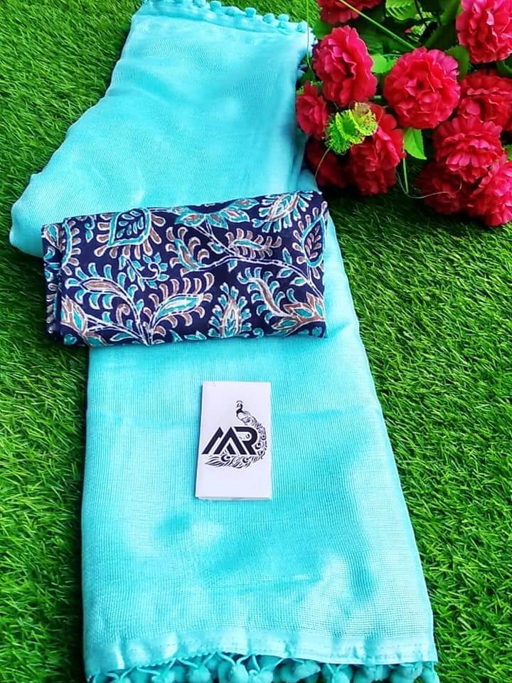 Cotton Saree - Lenun Jute Cotton Fabric With Designer Blouse | Plain Pattern In Yellow Grey Light Orange Light Green Light Chiku Pink Light Blue - Perfect For All Seasons