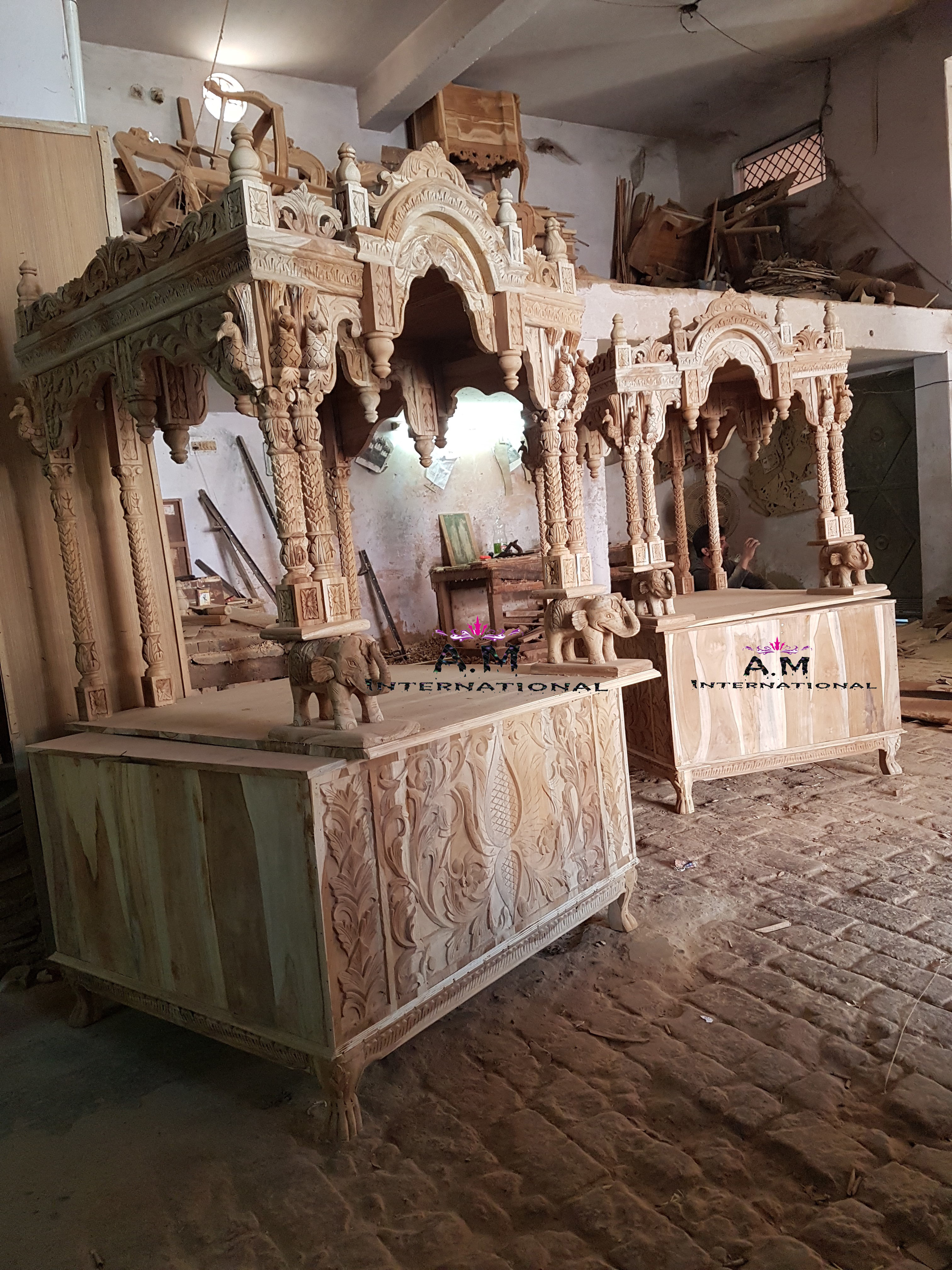 Large Wooden Temple - Solid Teak, Handcrafted Indoor Furniture | Eco-friendly, Premium Finish, No Assembly Required, Elegant Peacock Designs