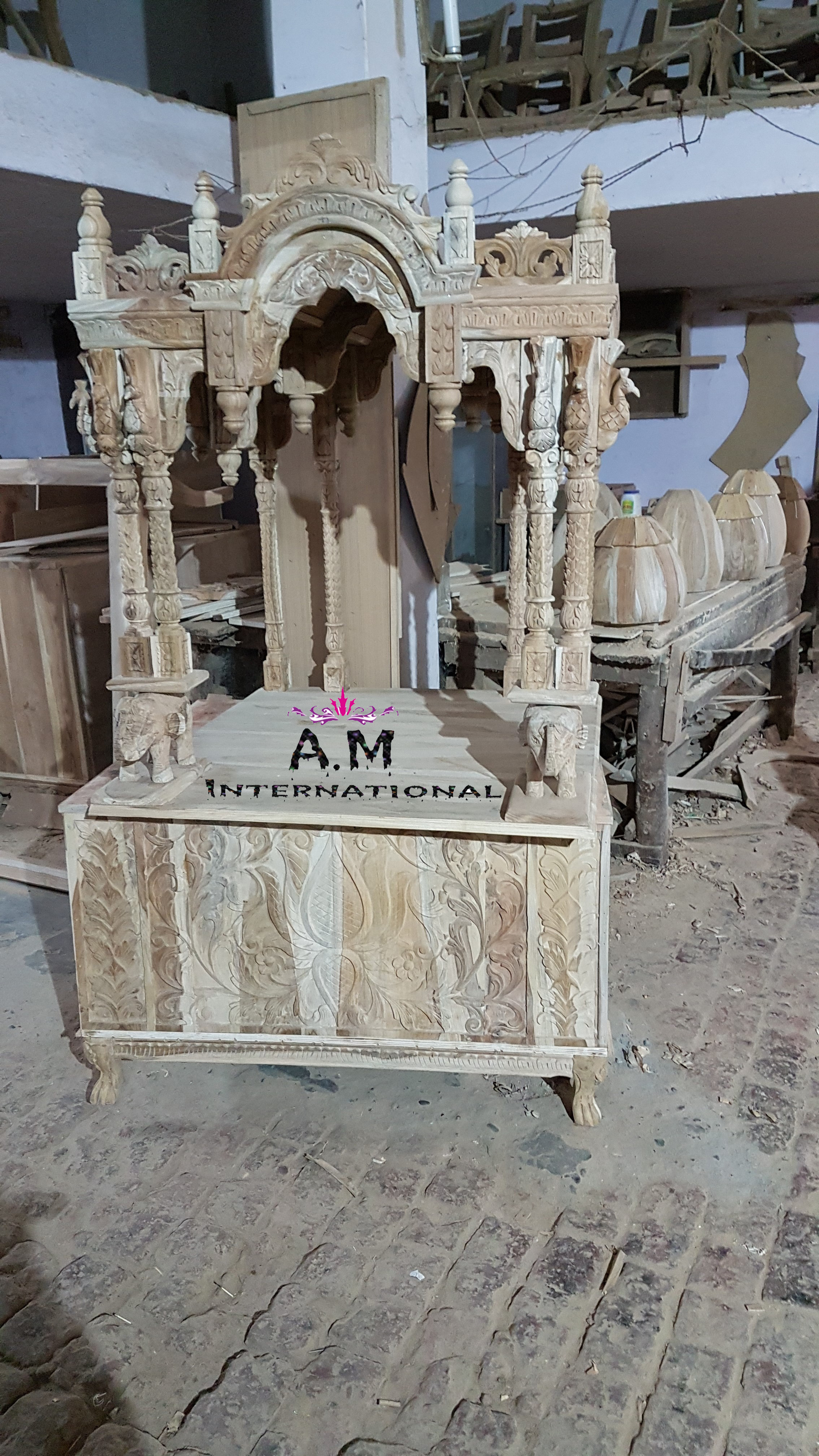 Large Wooden Temple - Solid Teak, Handcrafted Indoor Furniture | Eco-friendly, Premium Finish, No Assembly Required, Elegant Peacock Designs
