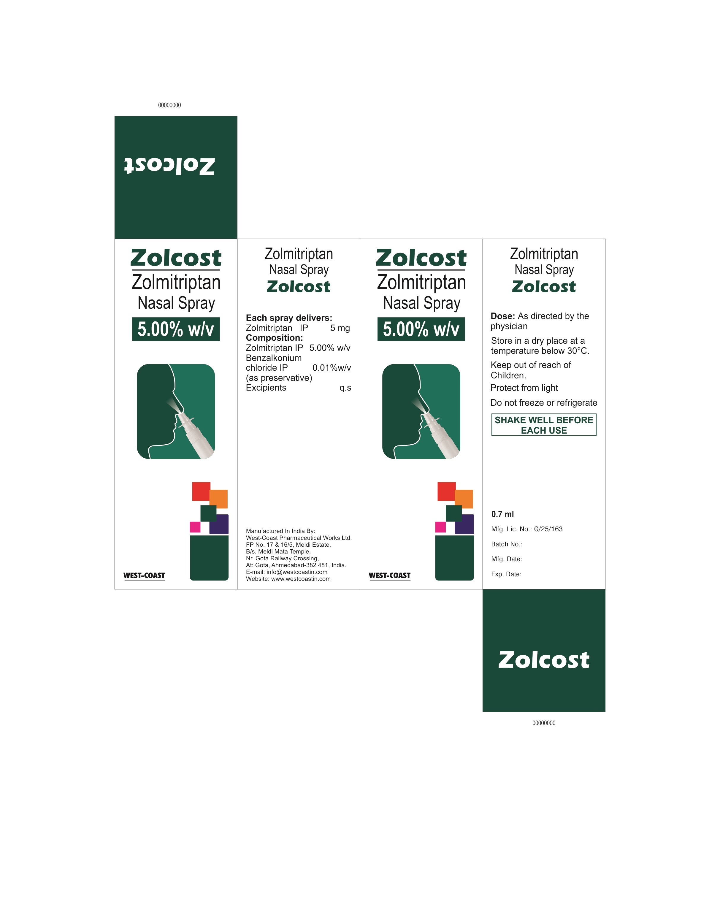 Zolmitriptan Nasal Spray Ip 5.00% W/v Cas No: -