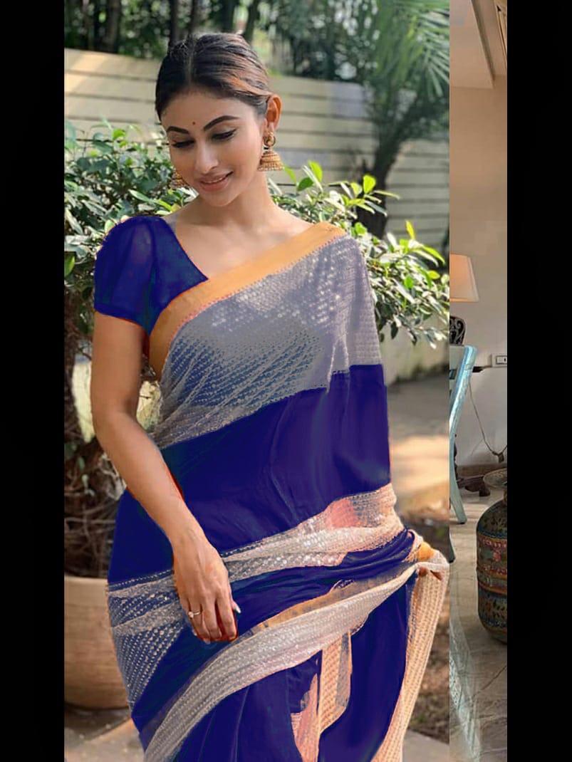 Georgette Saree - 5.5 Meters With Heavy Banglory Silk Blouse | Alluring Sequence Work, Suitable For Party And Regular Wear