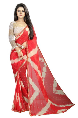Chiffon Bindu Red Saree - Silk Blend Fabric, Multicolor Design | Perfect for Summer, Rainy, Spring, and Winter Seasons