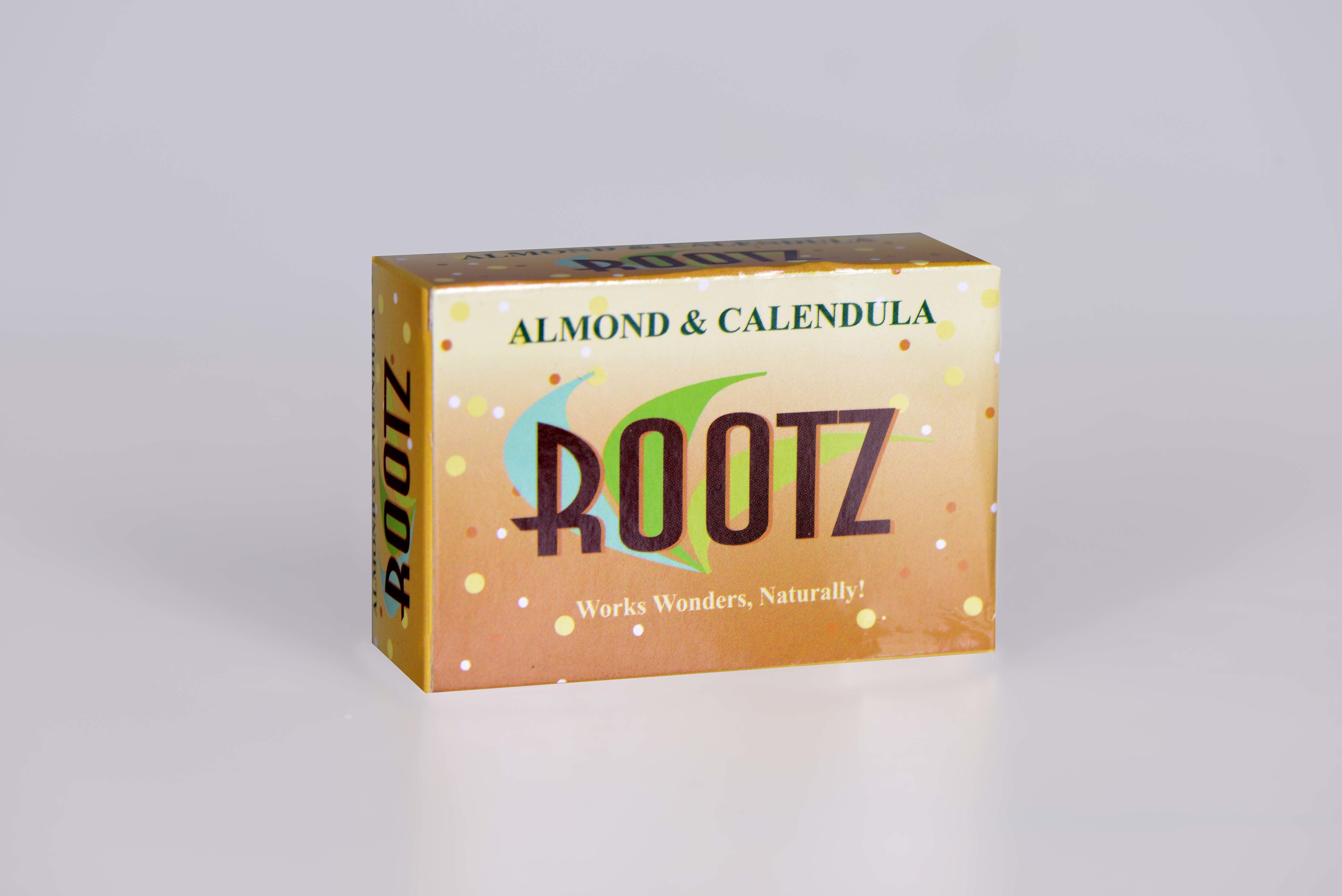Rootz Almond & Calendula Bath Soap - 75 Gm Solid Bar Nourishing Herbal Ingredients Fragrant Yellow Foam
