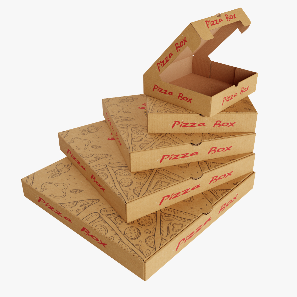 Pizza Box - Cardboard, 10 X 10 X 10 Inches , Red Color, Glossy Finish With Offset Printing - 100 Pieces