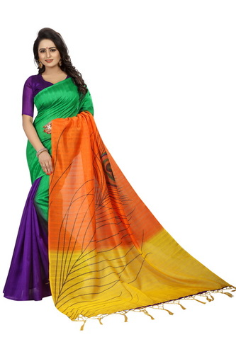 मल्टी मोरपंख भागलपुरी साड़ी