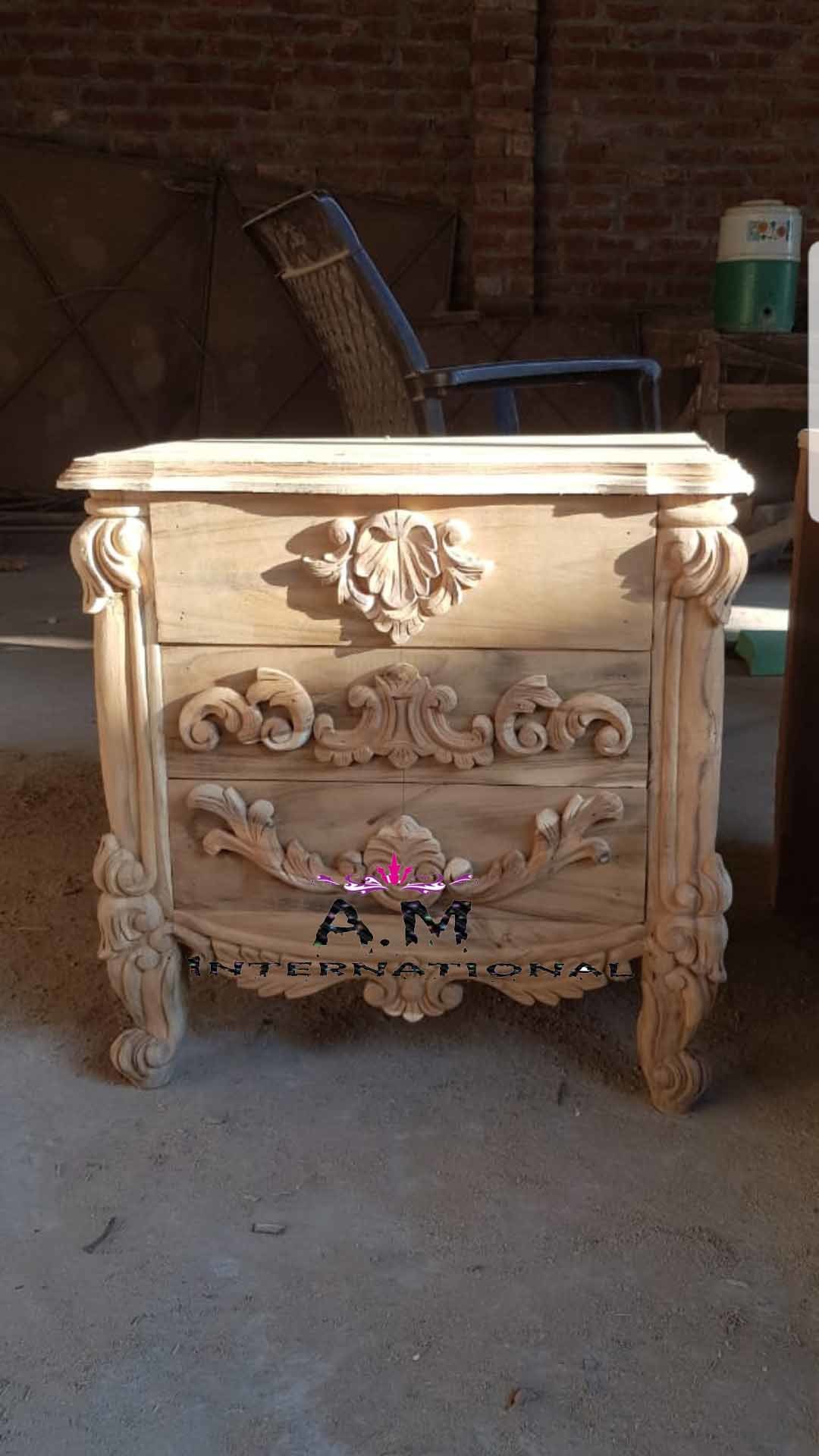 Handmade Carved Teaak Wood Bed Side Table